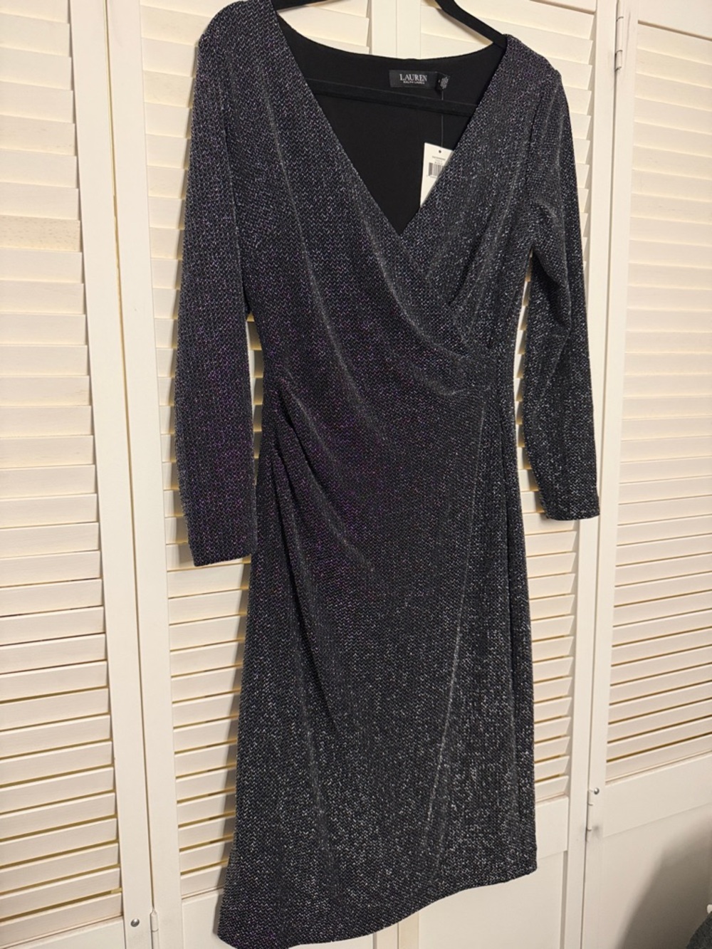Lauren Ralph Lauren Black Metallic Wrap-Effect Long Sleeve Midi Dress